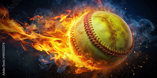 vibrant softball engulfed in flames, showcasing dynamic movement and energy. fiery backdrop enhances intensity of scene, creating striking visual impact
