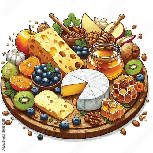 rustic cheese board featuring slices of cheddar and mozzarella vector