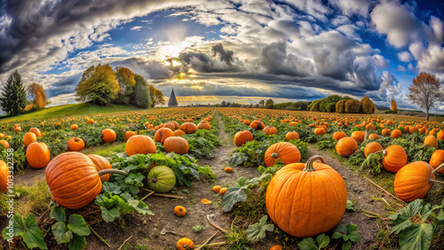 panoramic view of vibrant pumpkin field under dramatic sky, showcasing rows of pumpkins surrounded by lush green leaves. scene evokes sense of autumn beauty and harvest time