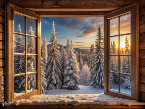 serene winter wonderland view through frosted window frames showcases snow covered trees and beautiful sunset. tranquil scene evokes sense of peace and warmth photo