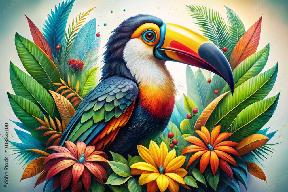 Obraz premium Vibrant toucan artwork surrounded by lush tropical foliage and colorful flowers creates lively and exotic atmosphere. This stunning piece captures beauty of nature