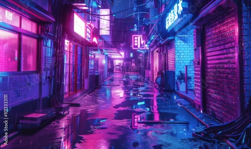 Neon-lit cyberpunk alley, 4K hyperrealistic photo