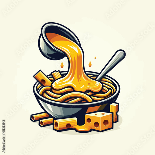 image of liquid cheese being poured over hot pasta vector