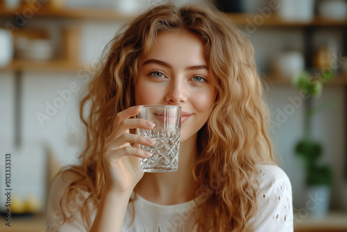 A woman with long brown hair is drinking water from a glass