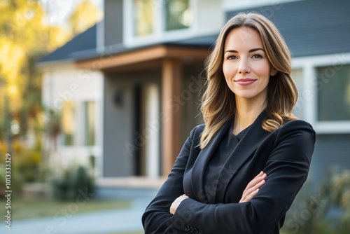 A woman in a black suit is standing in front of a house