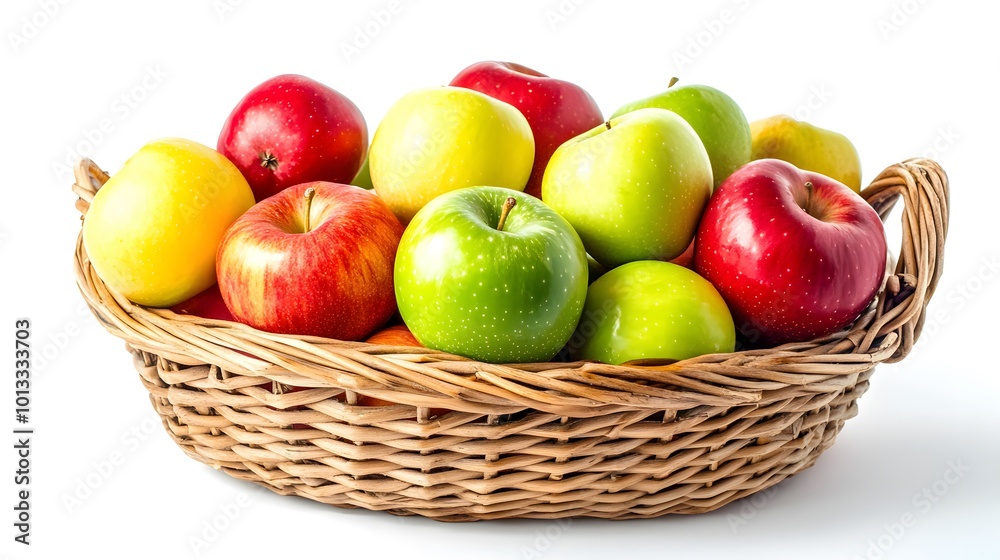 Realistic display of whole apples (red, green, and yellow) in a wicker basket on a white background, emphasizing their smooth skins and varied colors Realistic display of whole apples (red, green, and yellow) in a wicker basket on a white background, emphasizing their smooth skins and varied colors