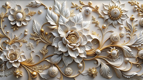 Elegant floral relief art featuring intricate white and gold designs, showcasing beautiful flowers and leaves. This stunning wall decor adds touch of sophistication to any space