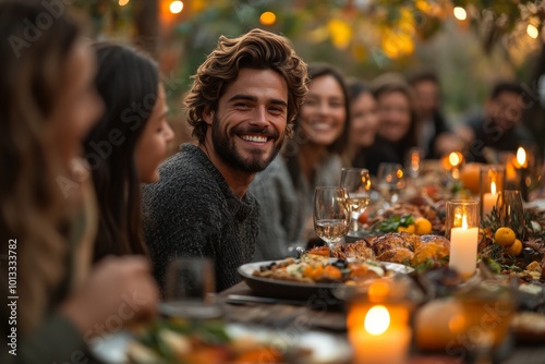 A group of friends gathered around a semi-outdoor table for a Thanksgiving meal, enjoying the crisp autumn air, candles flickering, and smiles all around. Generative AI
