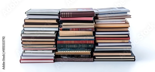 Three stacks of hardcover books on a white background.