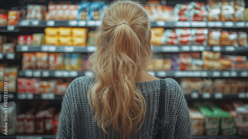 "Rear view of woman with long blonde hair shopping in a grocery store aisle filled with food products, browsing supermarket shelves, consumer shopping experience, retail store interior."