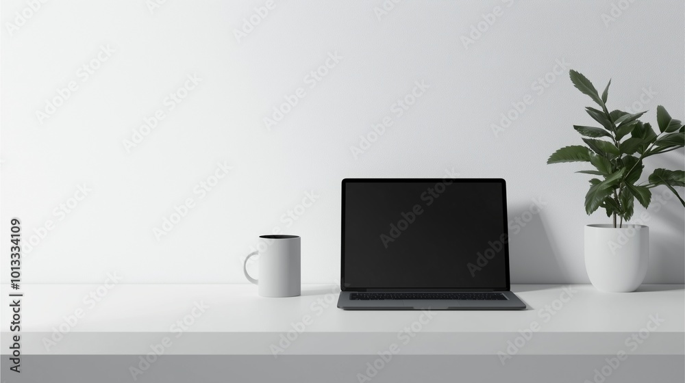 Fototapeta premium Minimalist Workspace with Laptop and Coffee mug on Desk for Productivity Imagery