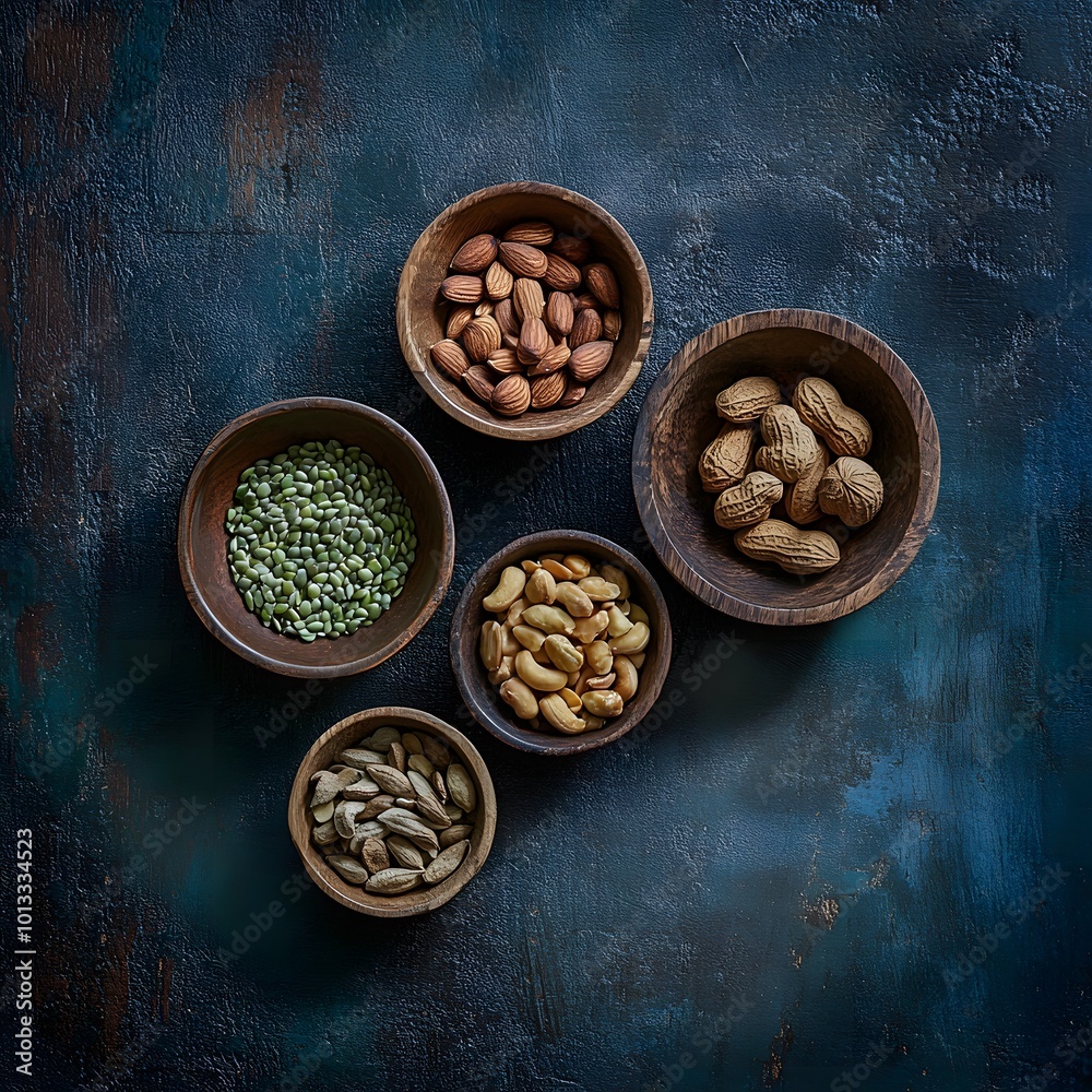 Assortment of healthy nuts and legumes in wooden bowls