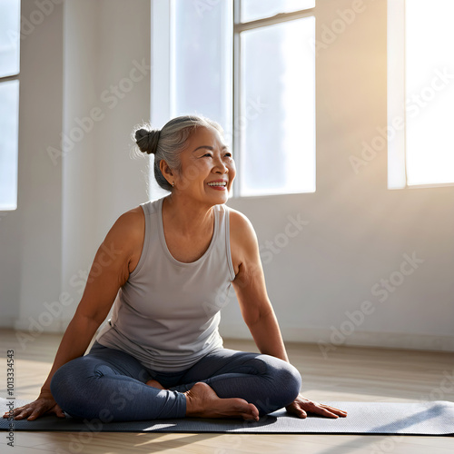 Wallpaper Mural Senior woman practicing yoga, mature, elderly asian, chinese, japanese lady exercising in yoga class,  leading active and healthy lifestyle. Retirement hobby and leisure activity for elderly people. Torontodigital.ca