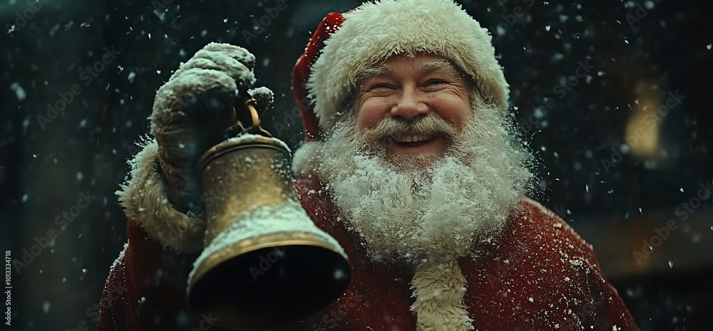 Jolly Santa Claus ringing a bell with snow falling around him. Jolly Santa Claus ringing a bell with snow falling around him.