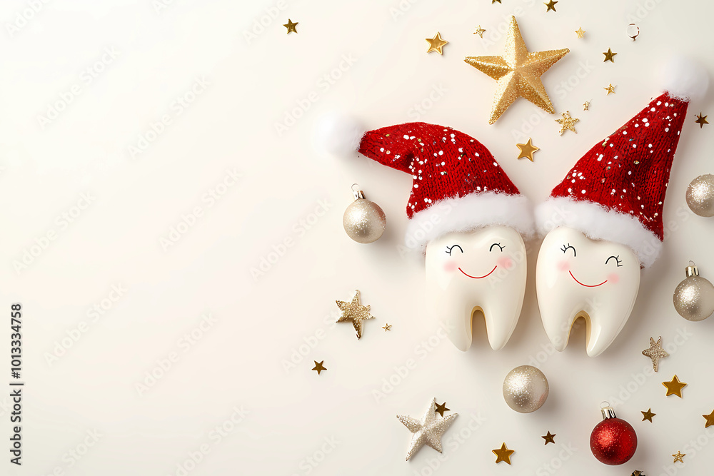 Obraz premium Christmas concept, cute smiling tooth characters in christmas hats with christmas balls decoration and stars on a SOFT background. Top view of two teeth wearing christmas costumes for a dental clinic