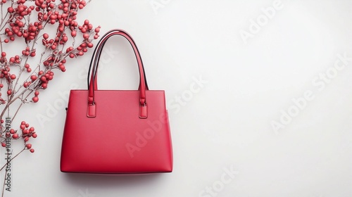 Flat Lay of Red Handbag with Red Flower on White Background for Fashion and Product Imagery.