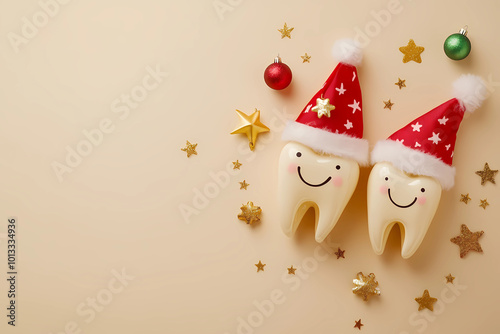 Christmas concept, cute smiling tooth characters in christmas hats with christmas balls decoration and stars on a SOFT background. Top view of two teeth wearing christmas costumes for a dental clinic