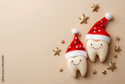 Christmas concept, cute smiling tooth characters in christmas hats with christmas balls decoration and stars on a SOFT background. Top view of two teeth wearing christmas costumes for a dental clinic