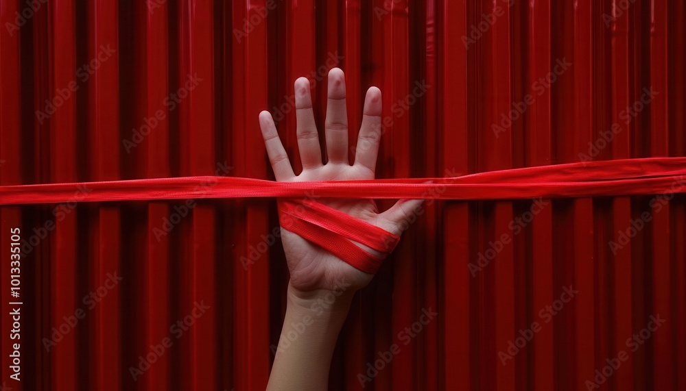 A hand cutaway through red tape over shipping containers, symbolizing economic freedom and the release of bureaucratic trade obstacles