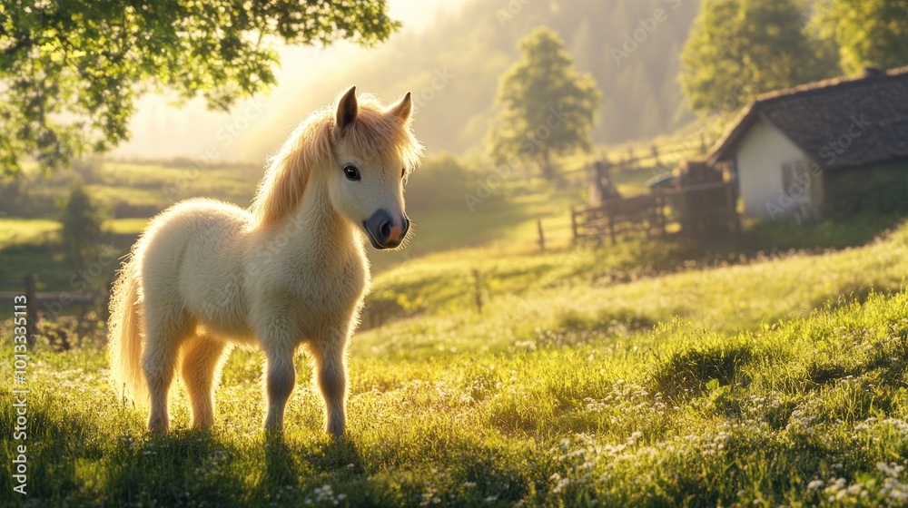 Obraz premium A Young White Pony in a Meadow