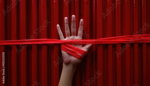 Obraz na płótnie A hand cutaway through red tape over shipping containers, symbolizing economic freedom and the release of bureaucratic trade obstacles w salonie