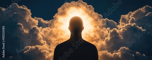 Abstract vision of the higher self as a radiant figure in the clouds, watching over a reflective person, [higher self guidance], [spiritual connection], , photo