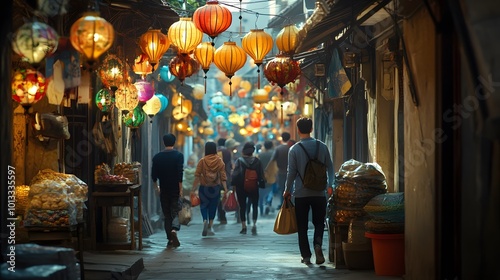 Vibrant lanterns illuminating a bustling asian market photo