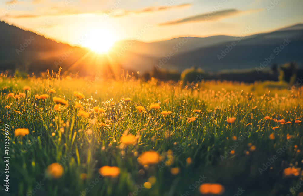 Naklejka premium Beautiful Sunrise In The Mountain with yellow flower Meadow Landscape