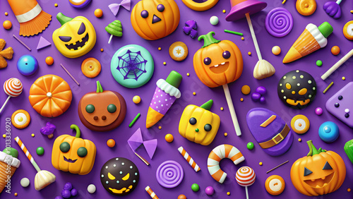 Wallpaper Mural Colorful Halloween themed candies and decorations create festive atmosphere, featuring pumpkins, lollipops, and spooky designs. Perfect for celebrating holiday! Torontodigital.ca