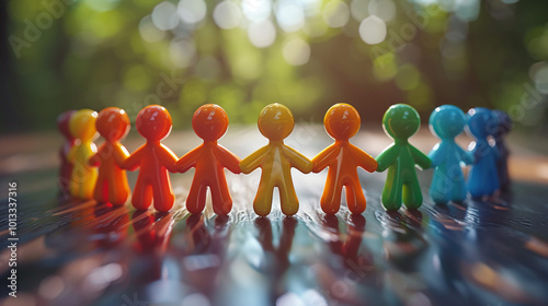 A circle of diverse, multicolored figures symbolizing unity and collaboration, standing together to represent the concept of DEI--Diversity, Equity, and Inclusion photo