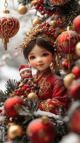 A festive doll in traditional attire, surrounded by holiday decorations.