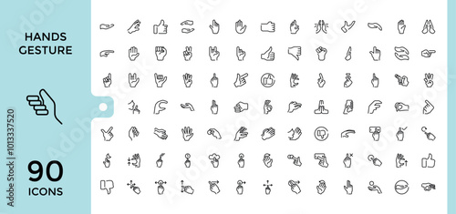 hand gestures Line icons set, such symbol as fingers crossed, point, waving, writing and numbers showing, Editable stroke. pixel perfect thin icon collection.