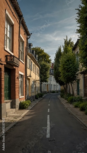 Quiet street lined with houses.