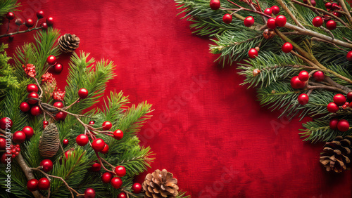 Festive Christmas background featuring lush green pine branches, vibrant red berries, and pine cones on rich red cloth. Perfect for holiday themed designs and decorations