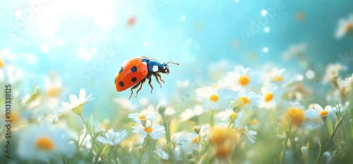 Ladybug flying over a field of white wildflowers.