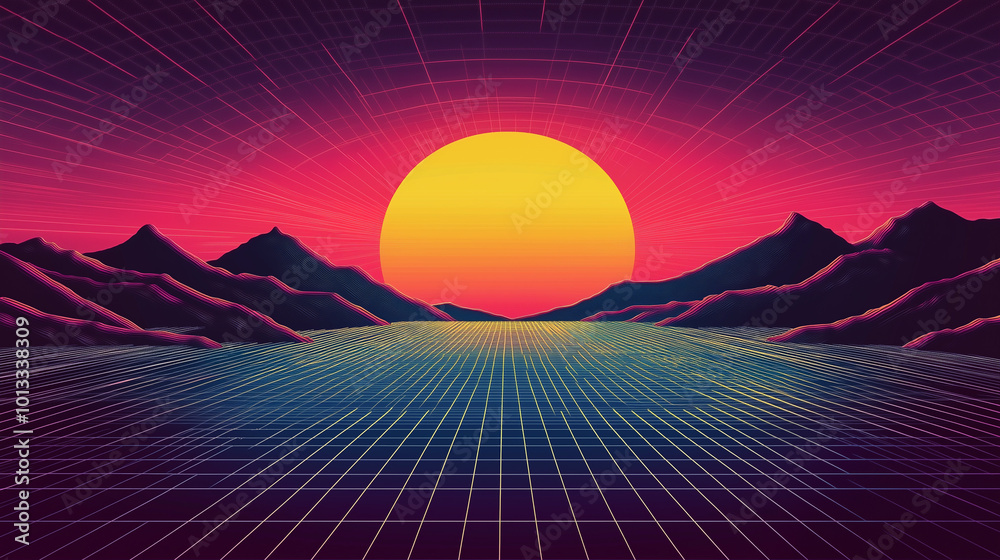 Retro Futuristic Sunset with Neon Grid and Mountain Silhouettes Retro Futuristic Sunset with Neon Grid and Mountain Silhouettes