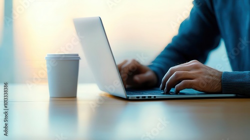 A person types on a laptop beside a coffee cup, suggesting a productive workspace, possibly in a home or office setting.