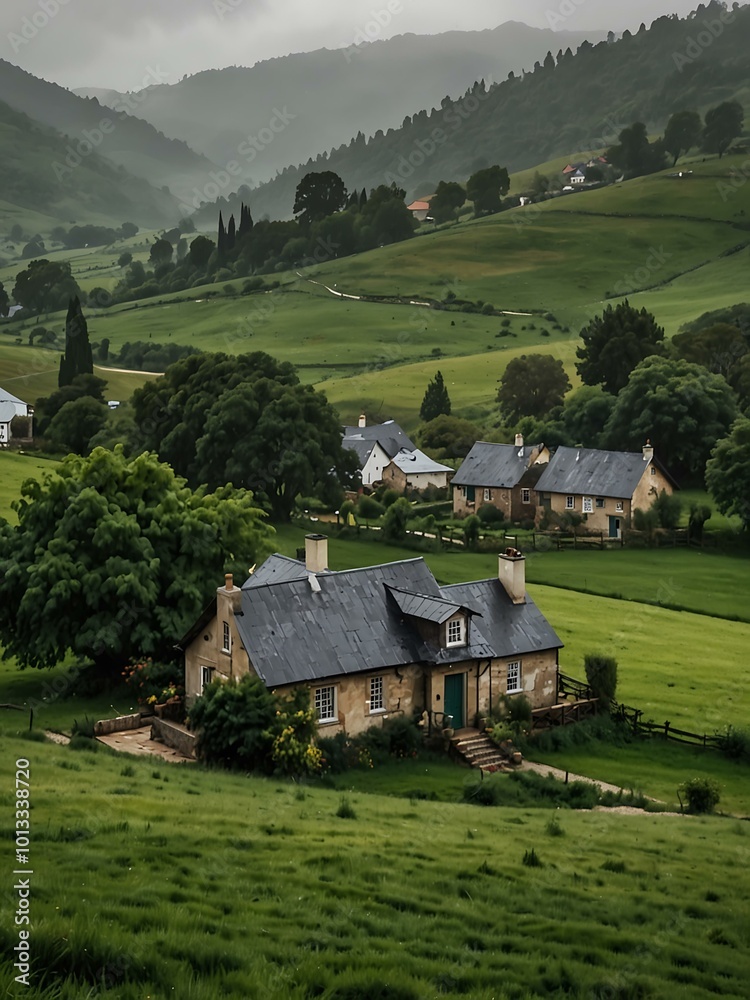 Rainy view of lush green countryside with quaint houses and rolling hills. Rainy view of lush green countryside with quaint houses and rolling hills.