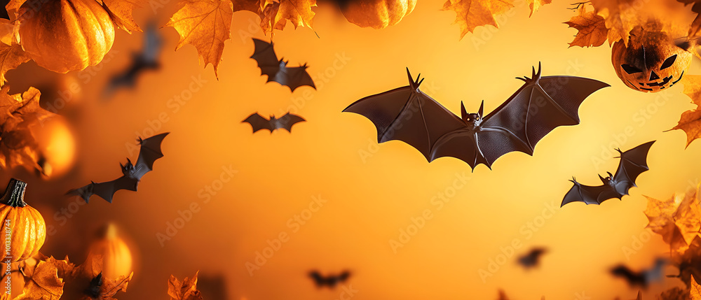 Halloween Background: Flying Bats on Orange Halloween Background: Flying Bats on Orange