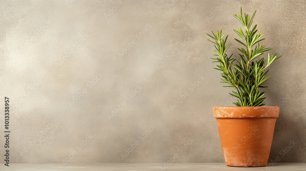 Fototapeta premium Small clay pot with a single sprig of rosemary, matte textures, neutral tones, Minimalist Thanksgiving Decor, Herb Accent