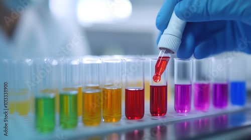 A hand in a blue glove drops red liquid into a test tube, surrounded by a spectrum of colorful solutions in a laboratory.