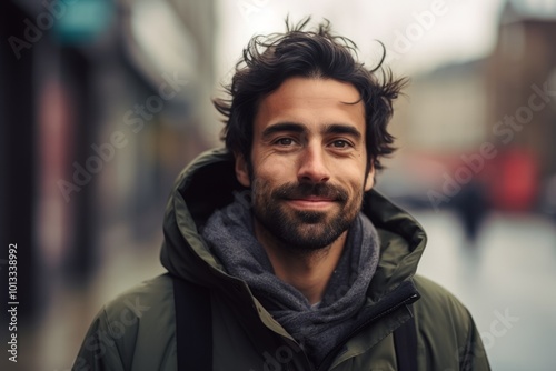 Portrait of a handsome young man with beard and mustache in the city