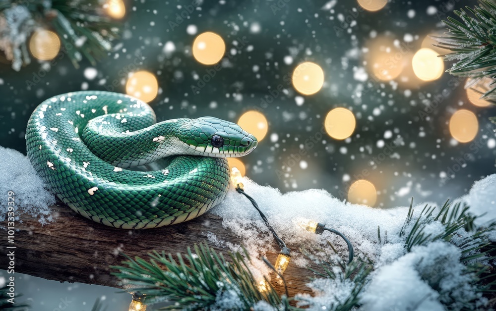 Fototapeta premium A graceful green snake coiled around a wooden branch covered in snow. 