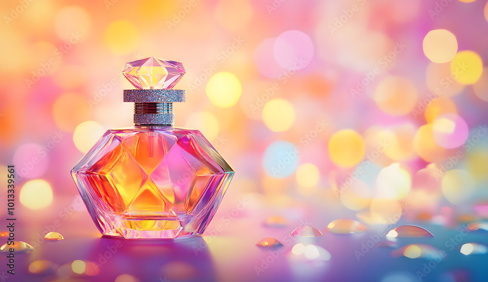 Crystal Perfume Bottle with Golden Cap on Pink and Blue Bokeh Background design
