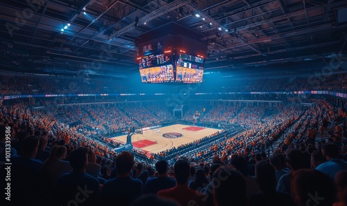 Sold Out Arena with Spectators Watching National Basketball Tournament Match. Teams Play, Diverse Crowds of Fans Cheer. Sports Channel Live Television