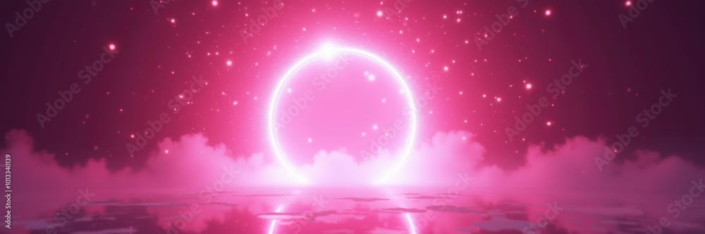 Fototapeta premium A mesmerizing digital landscape featuring a vibrant pink orb against a starry sky, with soft clouds reflecting on water, perfect for creative projects and futuristic themes.
