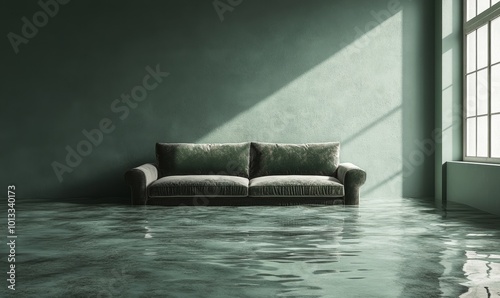 A floating couch in an empty room symbolizes severe water damage, highlighting the importance of immediate restoration and repair to prevent further, Generative AI