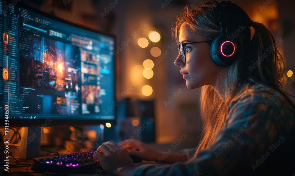 Female Video Game Designer Works on a New 3D Level on Personal Computer. Focused Woman Creating Metaverse and Design Video Game. Shot Into the Apartment Window Late at