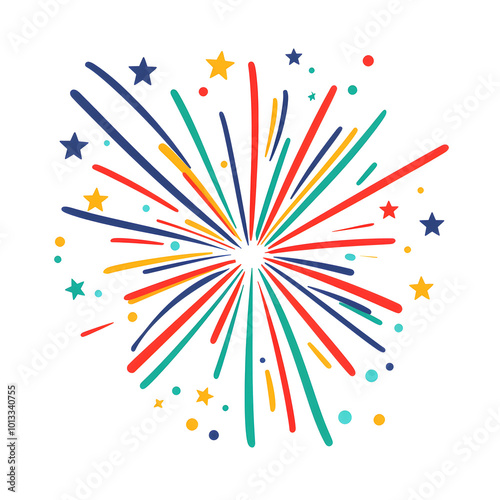 Cute cartoon fireworks, colorful with simple lines on a white background design, in a flat style, a children's version of the icon design 