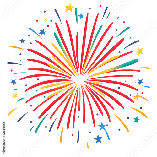 Cute cartoon fireworks, colorful with simple lines on a white background design, in a flat style, a children's version of the icon design 